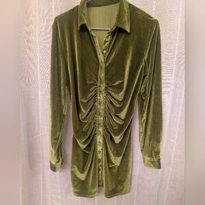 Olive Green Velvet Ruched Button-Front Women's Top